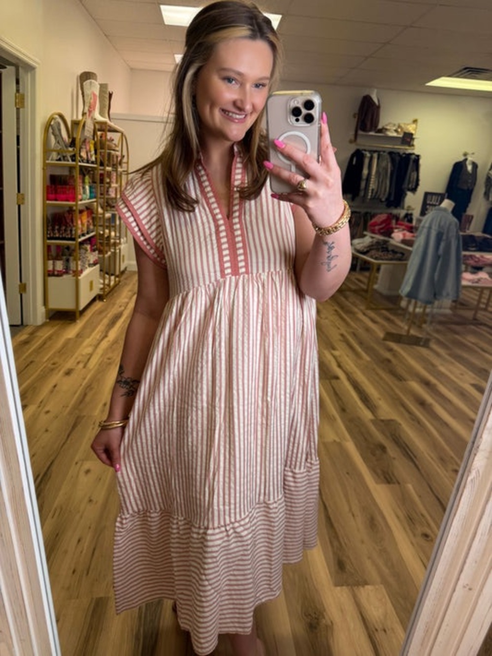 Umgee Pink & White Striped Cap-Sleeve Midi Dress